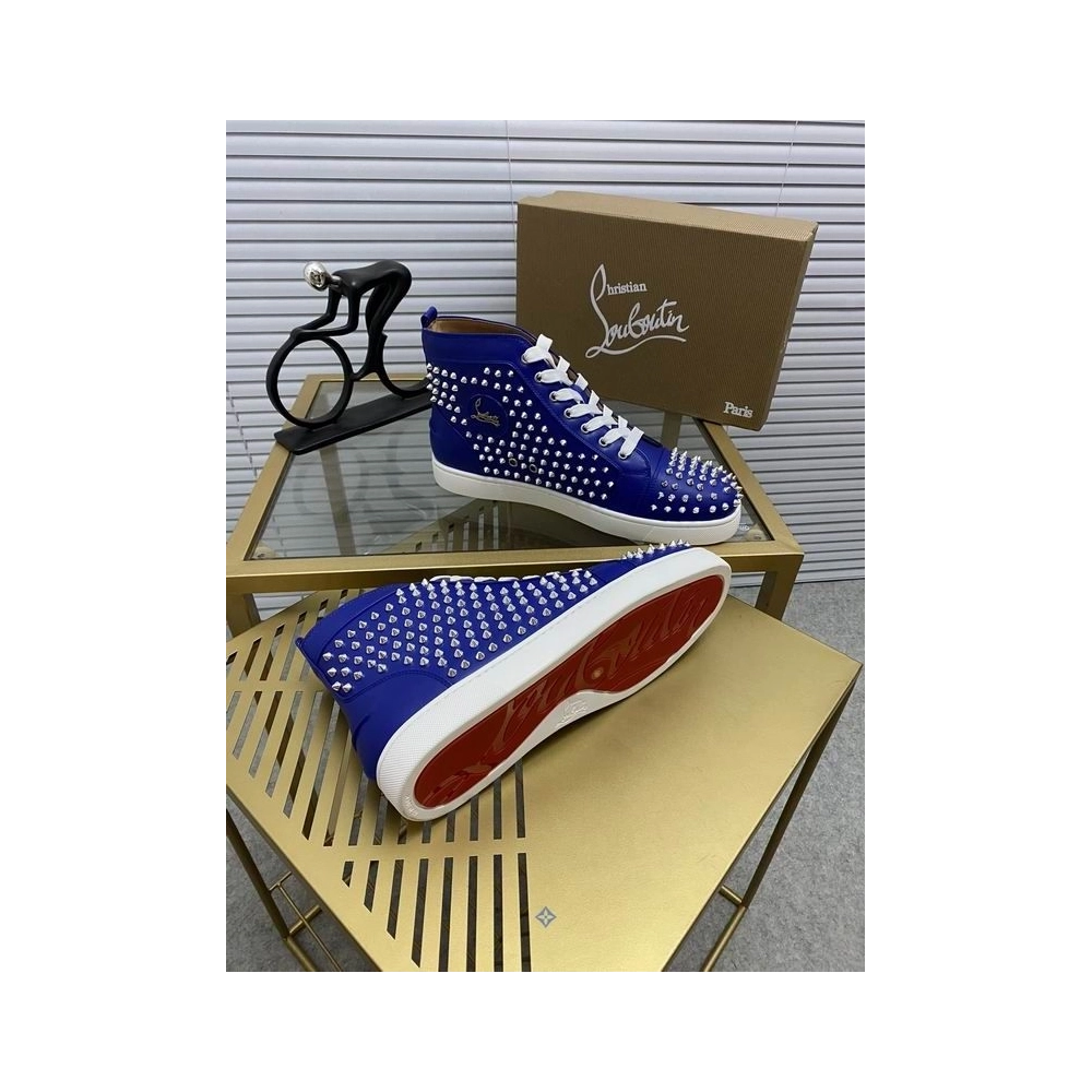 Knockoff Christian Louboutin Louis Spikes Flat High-top Sneakers Calfskin Blue