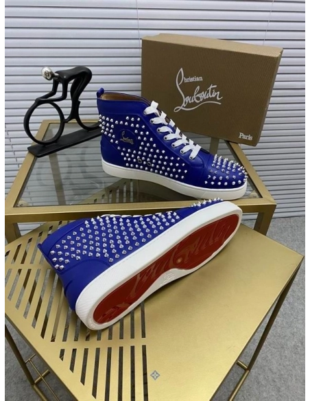 Knockoff Christian Louboutin Louis Spikes Flat High-top Sneakers Calfskin Blue