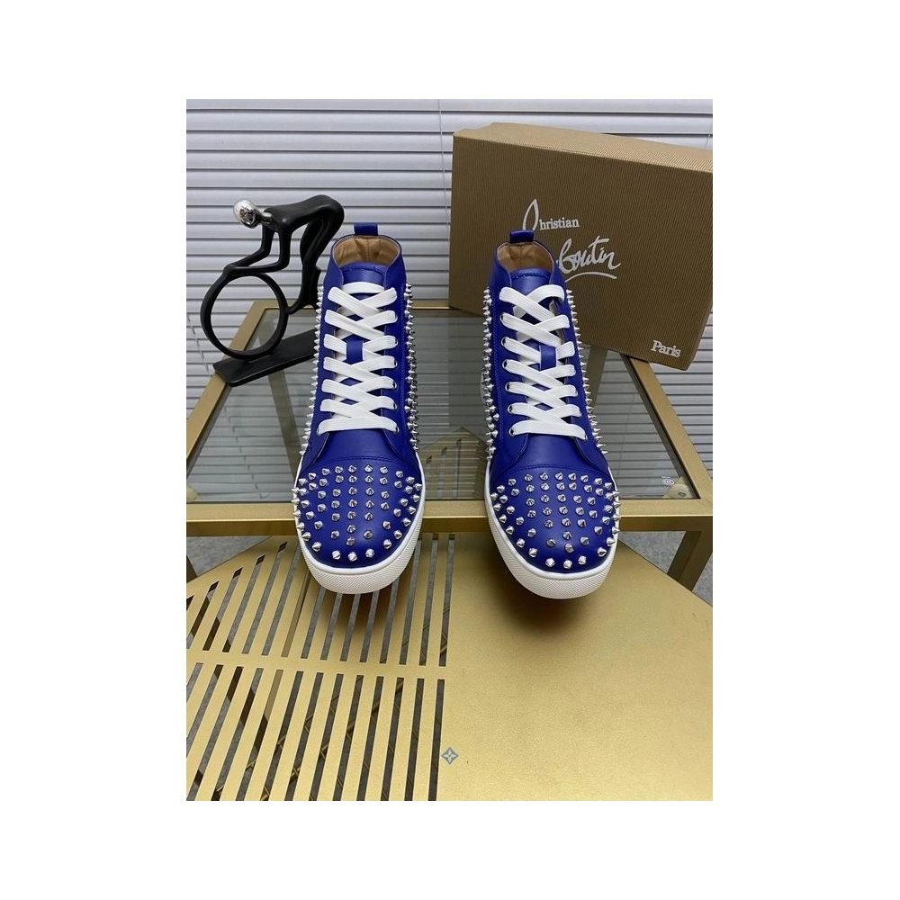 Knockoff Christian Louboutin Louis Spikes Flat High-top Sneakers Calfskin Blue