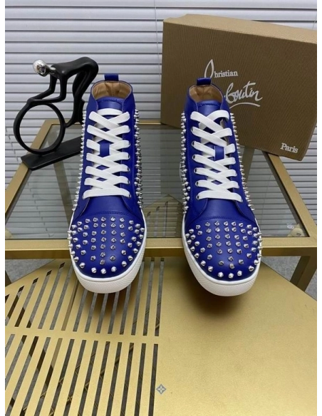 Knockoff Christian Louboutin Louis Spikes Flat High-top Sneakers Calfskin Blue