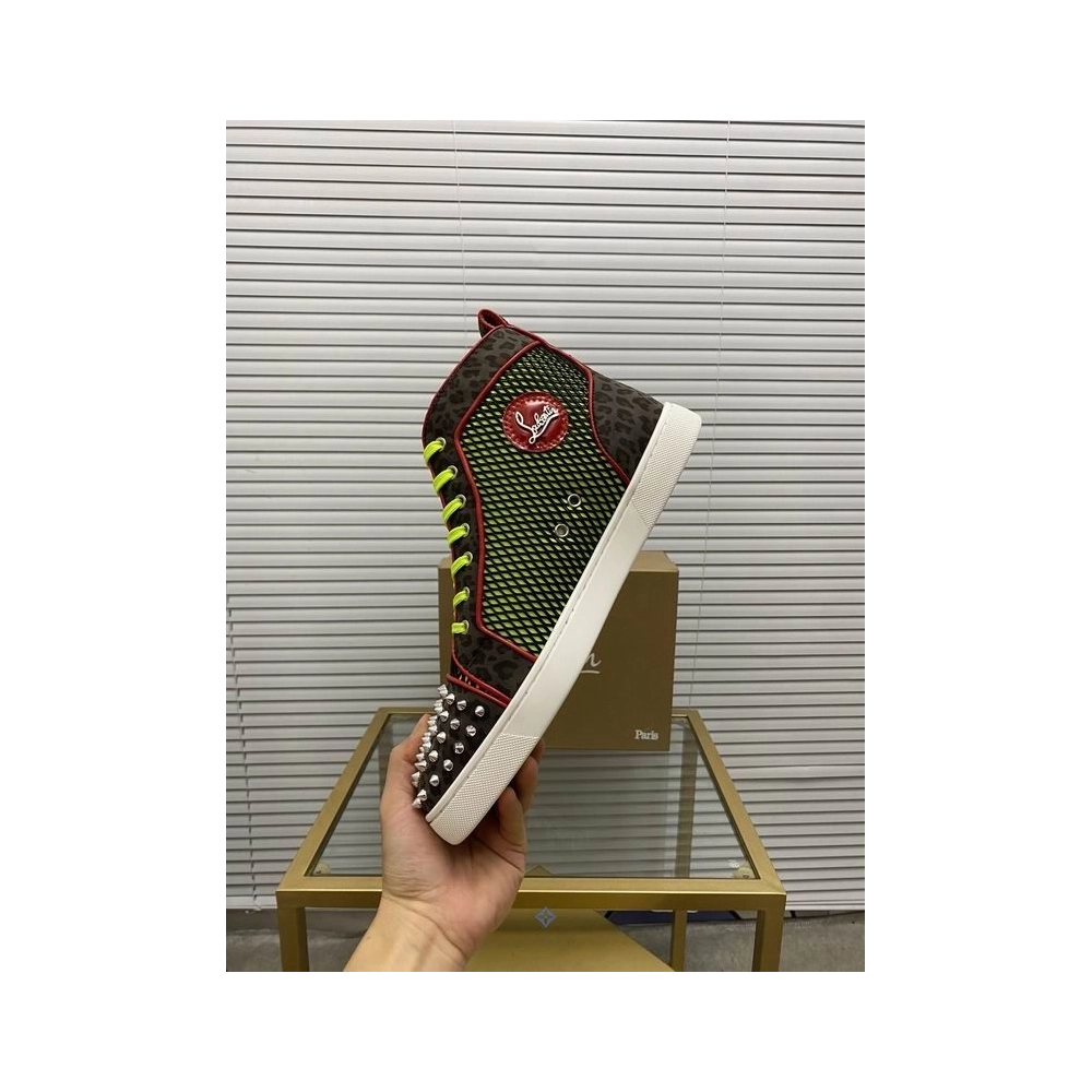 Fake Christian Louboutin Lou Spikes Orlato High-top Sneakers Patent Leather and Canvas Multicolor