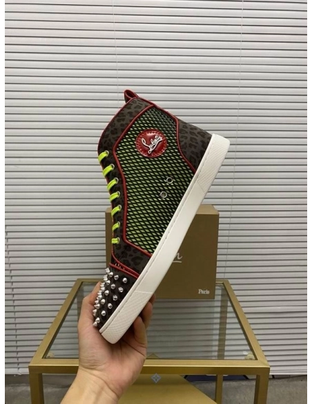 Fake Christian Louboutin Lou Spikes Orlato High-top Sneakers Patent Leather and Canvas Multicolor