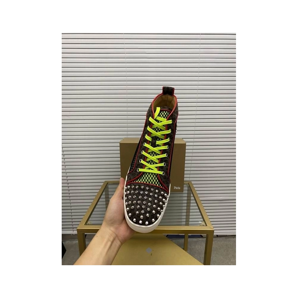 Fake Christian Louboutin Lou Spikes Orlato High-top Sneakers Patent Leather and Canvas Multicolor
