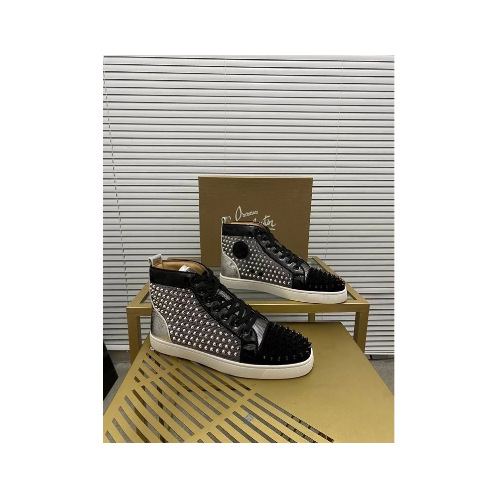 Cheap Christian Louboutin Louis Spikes High-top Sneakers Patent and Velvet Black Silver for Sale