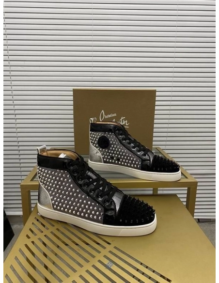 Cheap Christian Louboutin Louis Spikes High-top Sneakers Patent and Velvet Black Silver for Sale