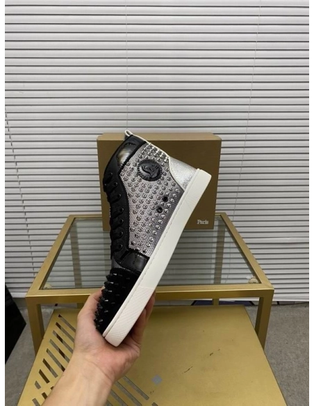 Cheap Christian Louboutin Louis Spikes High-top Sneakers Patent and Velvet Black Silver for Sale