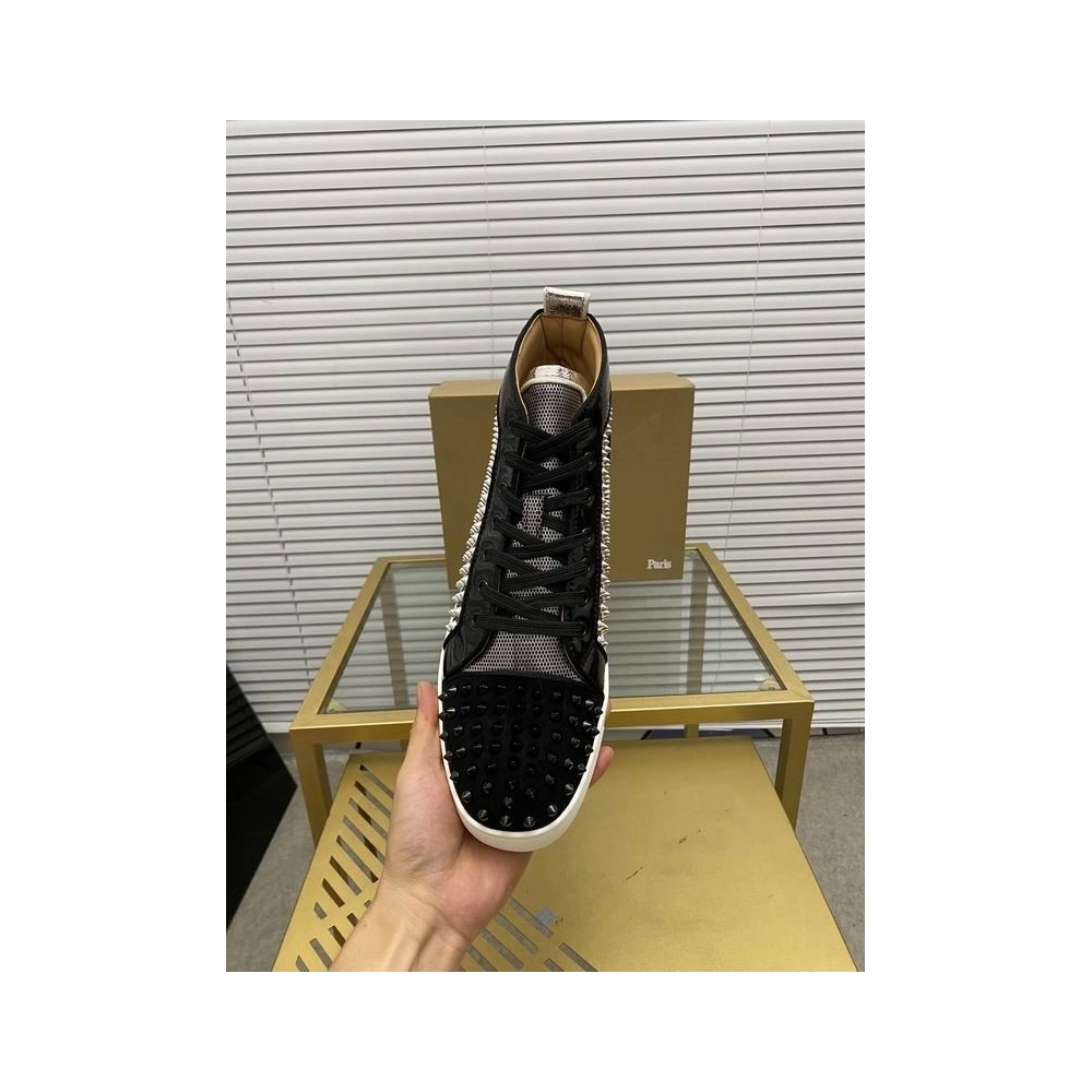 Cheap Christian Louboutin Louis Spikes High-top Sneakers Patent and Velvet Black Silver for Sale