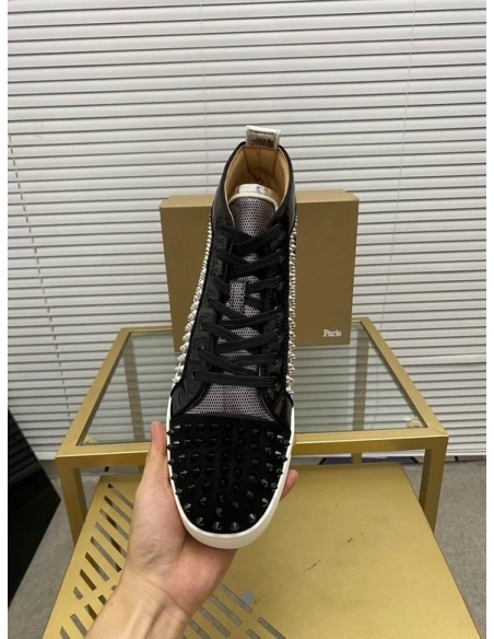 Cheap Christian Louboutin Louis Spikes High-top Sneakers Patent and Velvet Black Silver for Sale