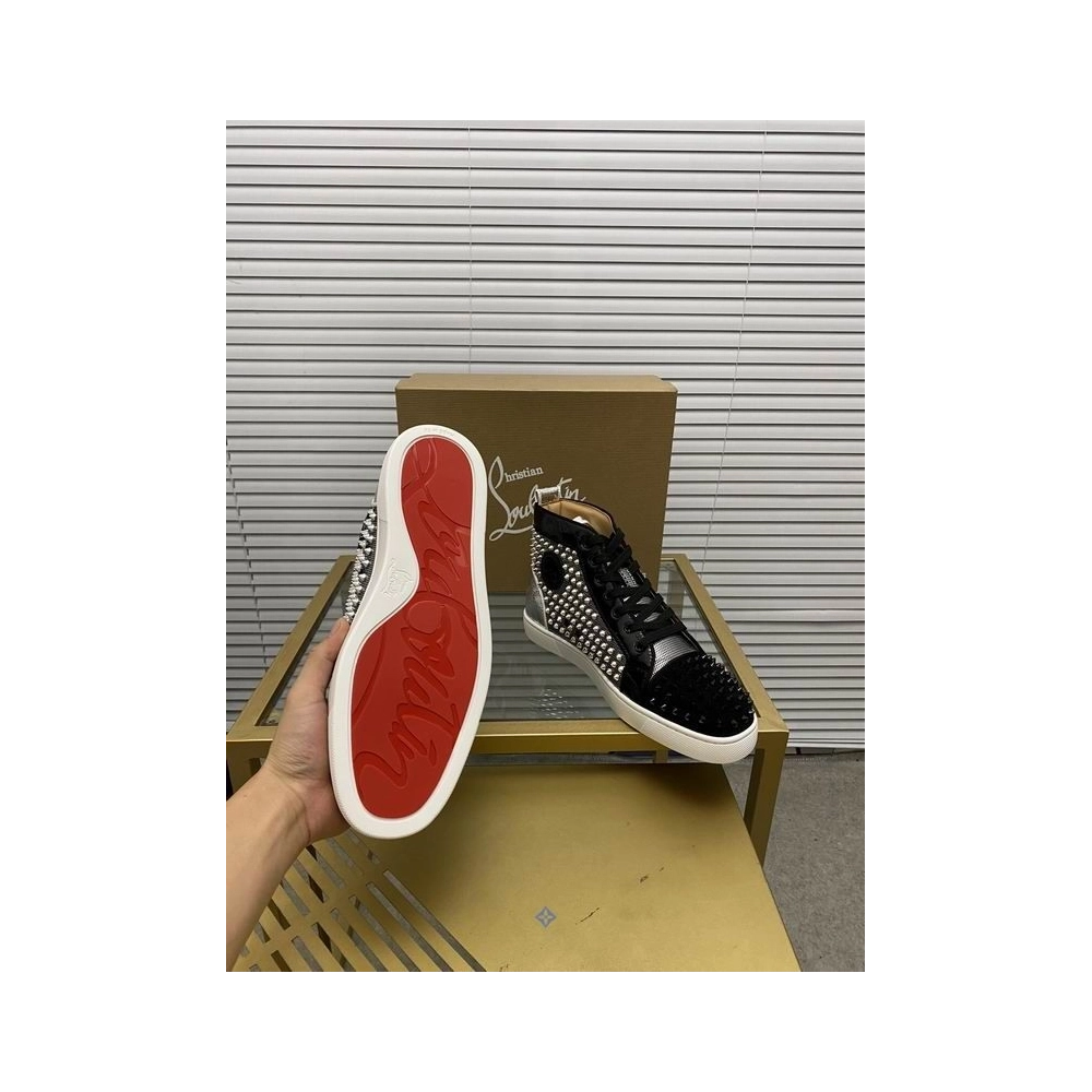 Cheap Christian Louboutin Louis Spikes High-top Sneakers Patent and Velvet Black Silver for Sale