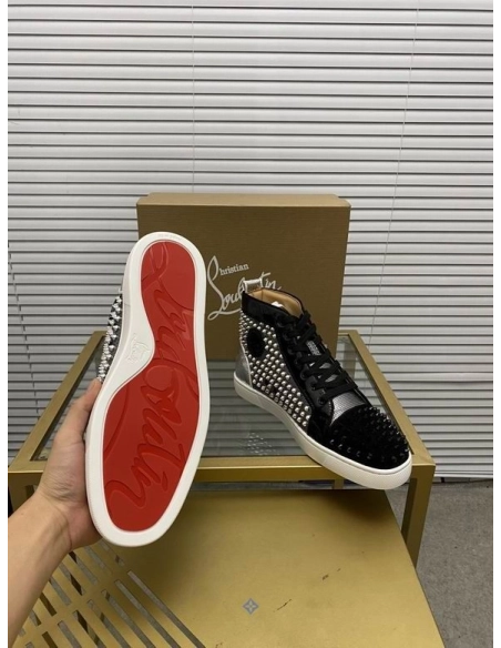 Cheap Christian Louboutin Louis Spikes High-top Sneakers Patent and Velvet Black Silver for Sale