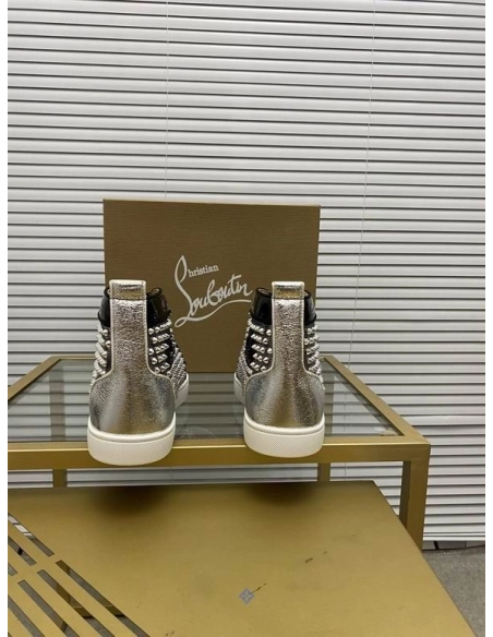 Cheap Christian Louboutin Louis Spikes High-top Sneakers Patent and Velvet Black Silver for Sale