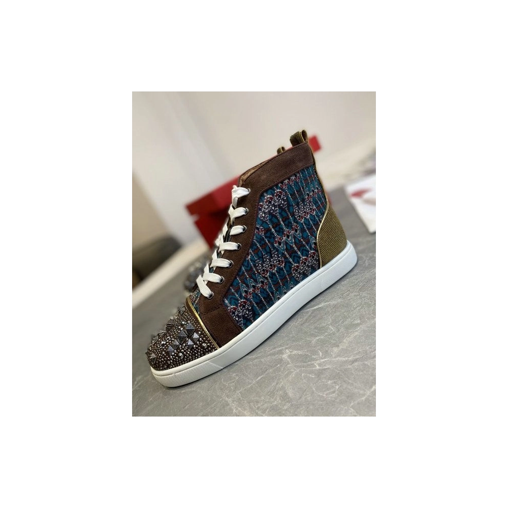 Replica Christian Louboutin Louis Flat High-top Sneakers Canvas and Suede Spikes Version Multi