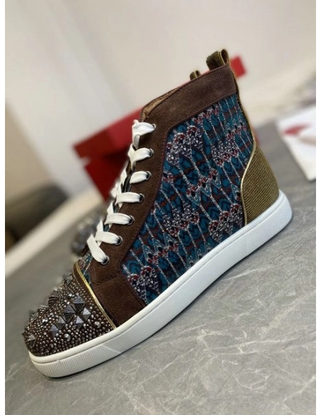 Replica Christian Louboutin Louis Flat High-top Sneakers Canvas and Suede Spikes Version Multi
