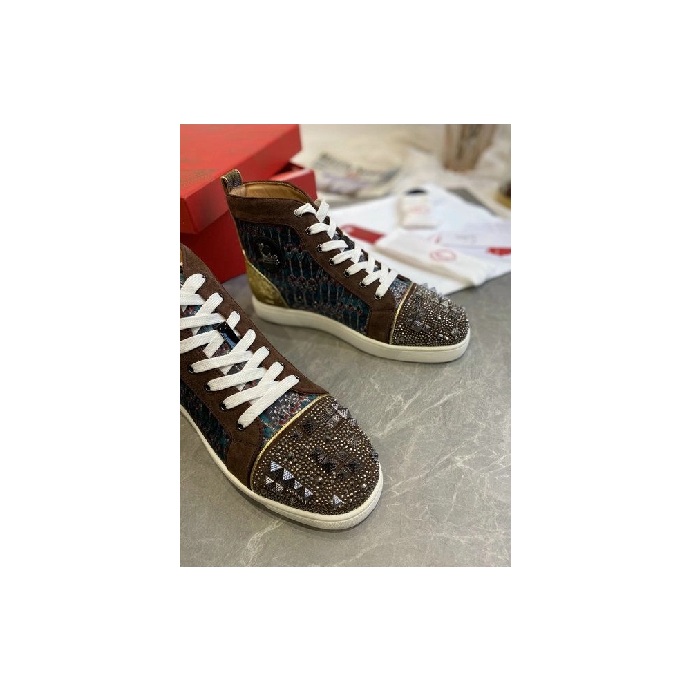 Replica Christian Louboutin Louis Flat High-top Sneakers Canvas and Suede Spikes Version Multi