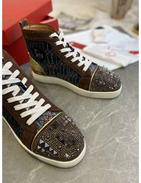 Replica Christian Louboutin Louis Flat High-top Sneakers Canvas and Suede Spikes Version Multi