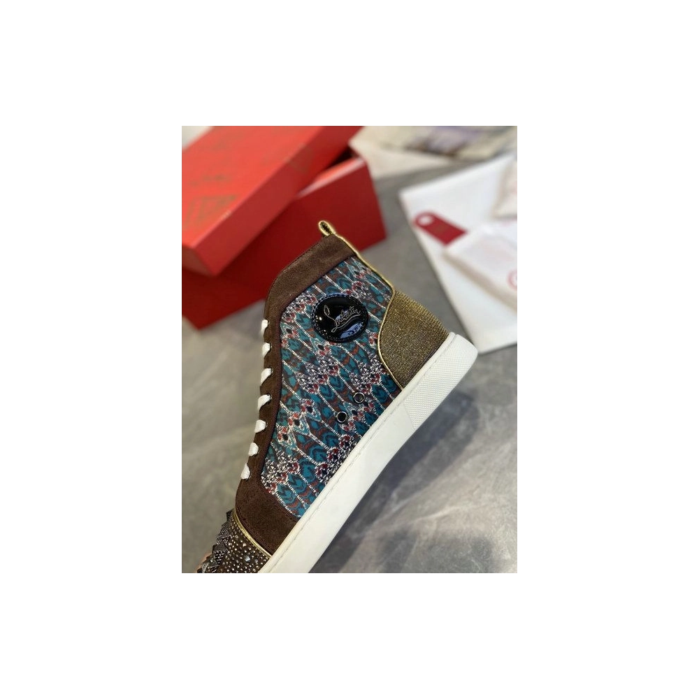 Replica Christian Louboutin Louis Flat High-top Sneakers Canvas and Suede Spikes Version Multi