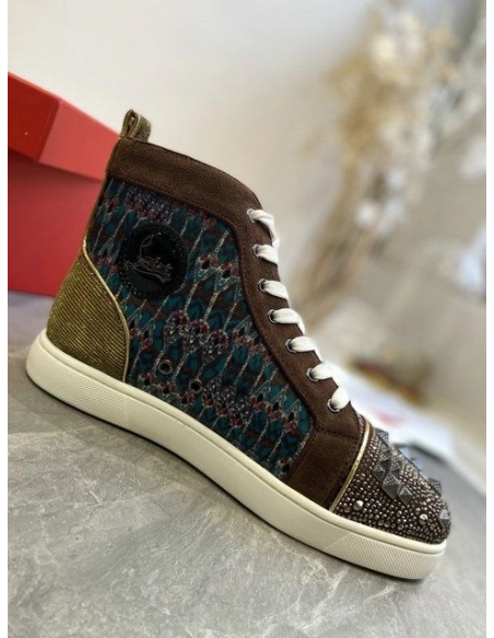 Replica Christian Louboutin Louis Flat High-top Sneakers Canvas and Suede Spikes Version Multi