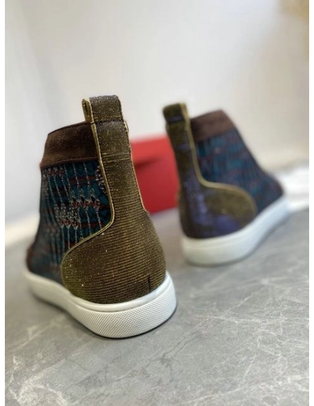 Replica Christian Louboutin Louis Flat High-top Sneakers Canvas and Suede Spikes Version Multi