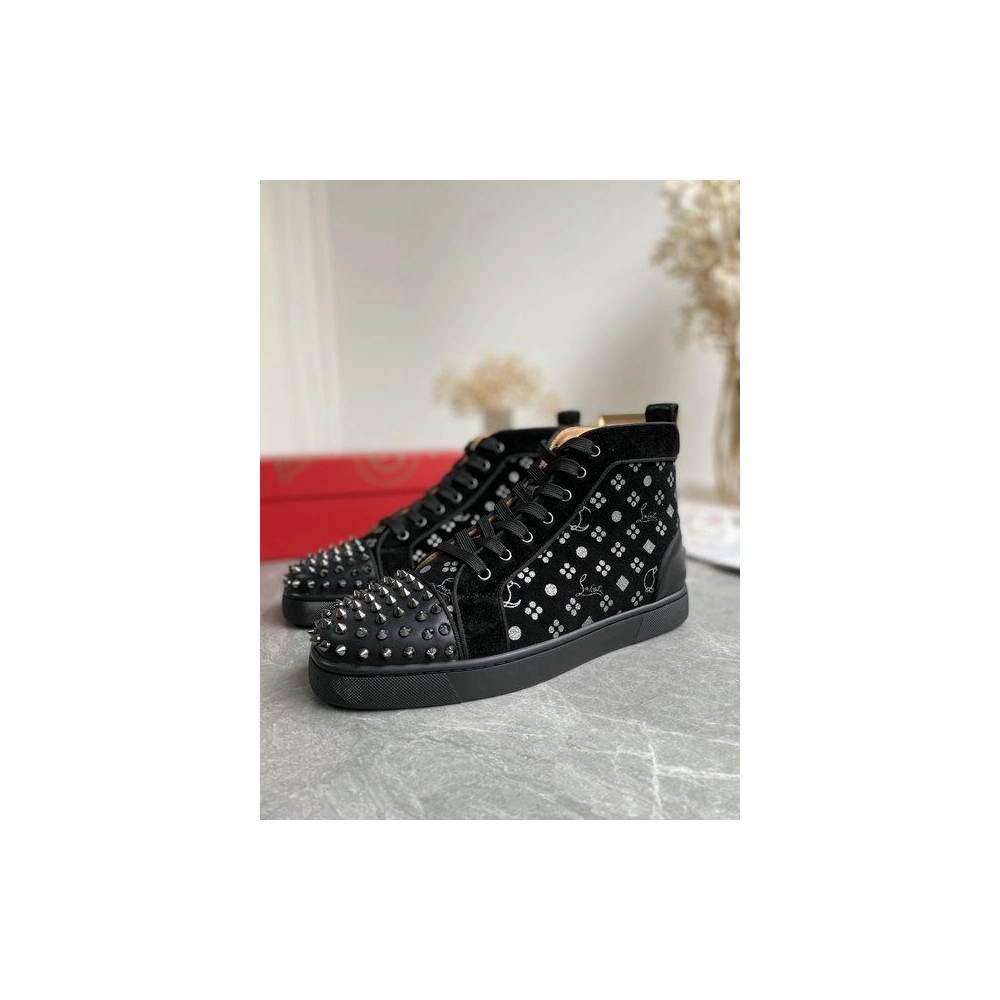 Cheap Christian Louboutin Louis Orlato Spikes High-top Sneakers Suede Black Silver Sale Online