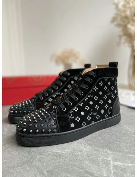 Cheap Christian Louboutin Louis Orlato Spikes High-top Sneakers Suede Black Silver Sale Online