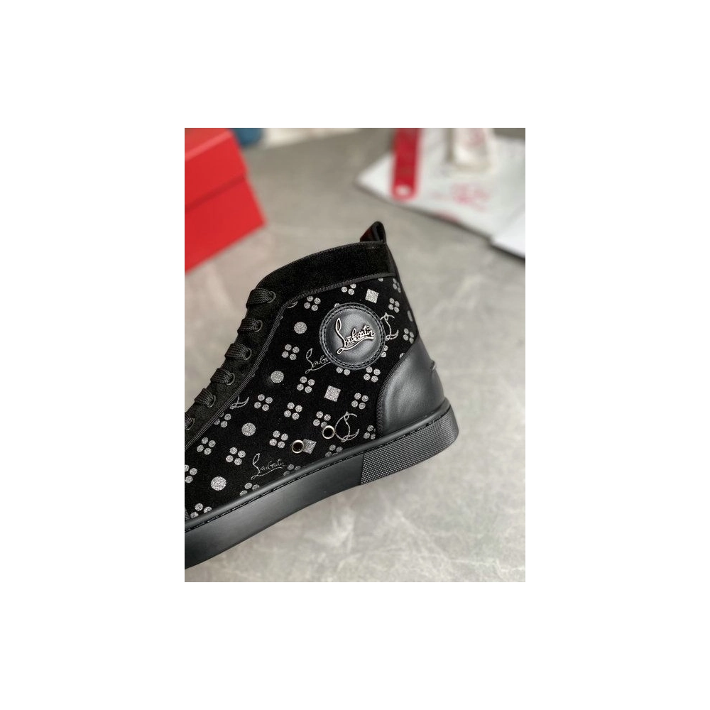 Cheap Christian Louboutin Louis Orlato Spikes High-top Sneakers Suede Black Silver Sale Online