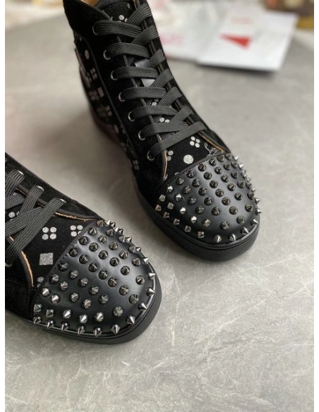 Cheap Christian Louboutin Louis Orlato Spikes High-top Sneakers Suede Black Silver Sale Online
