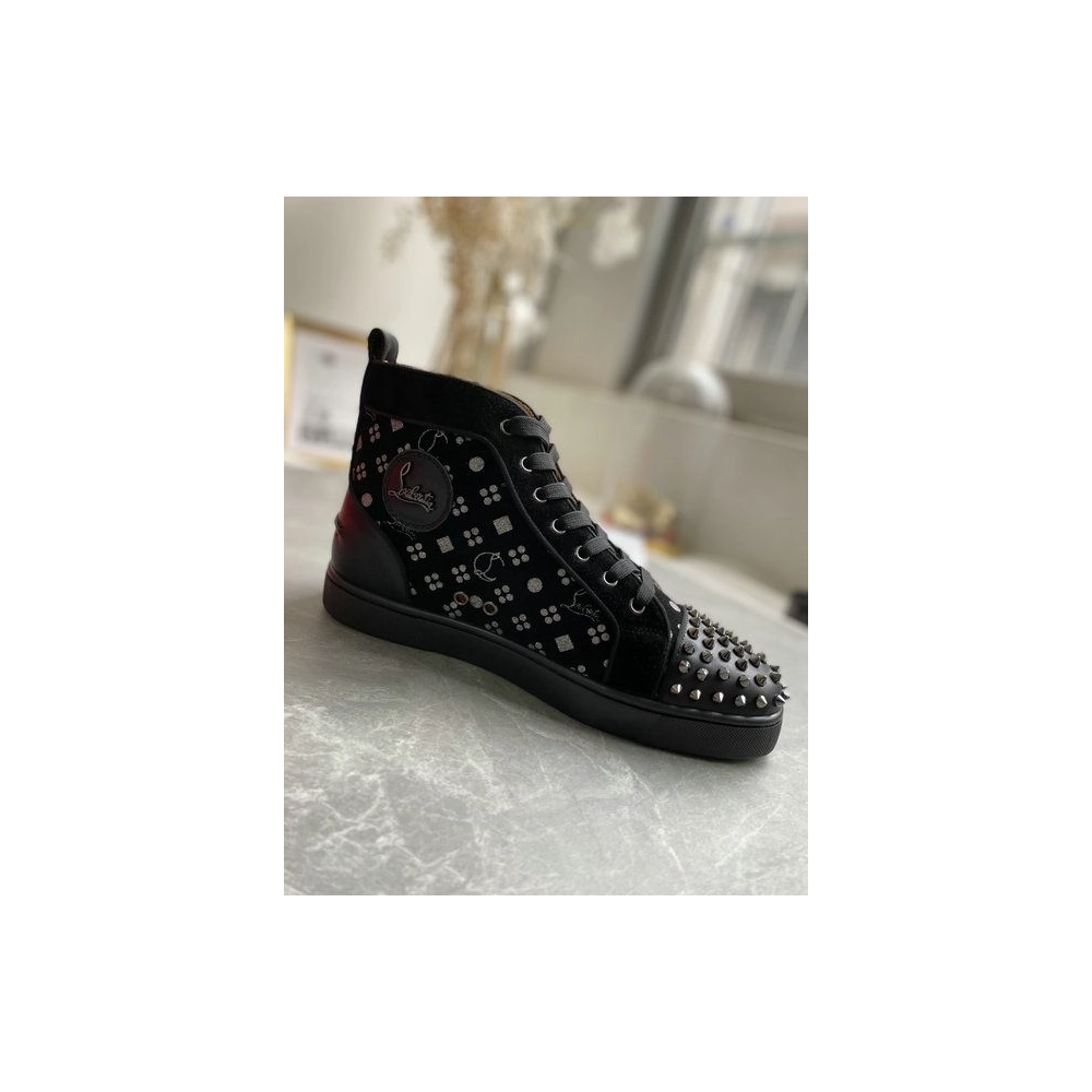 Cheap Christian Louboutin Louis Orlato Spikes High-top Sneakers Suede Black Silver Sale Online