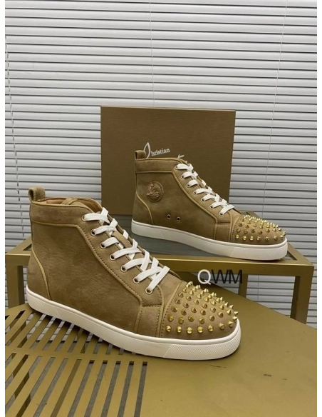 Fake Christian Louboutin Lou Spikes Orlato Flat High Top Sneakers Veau Velours Beige