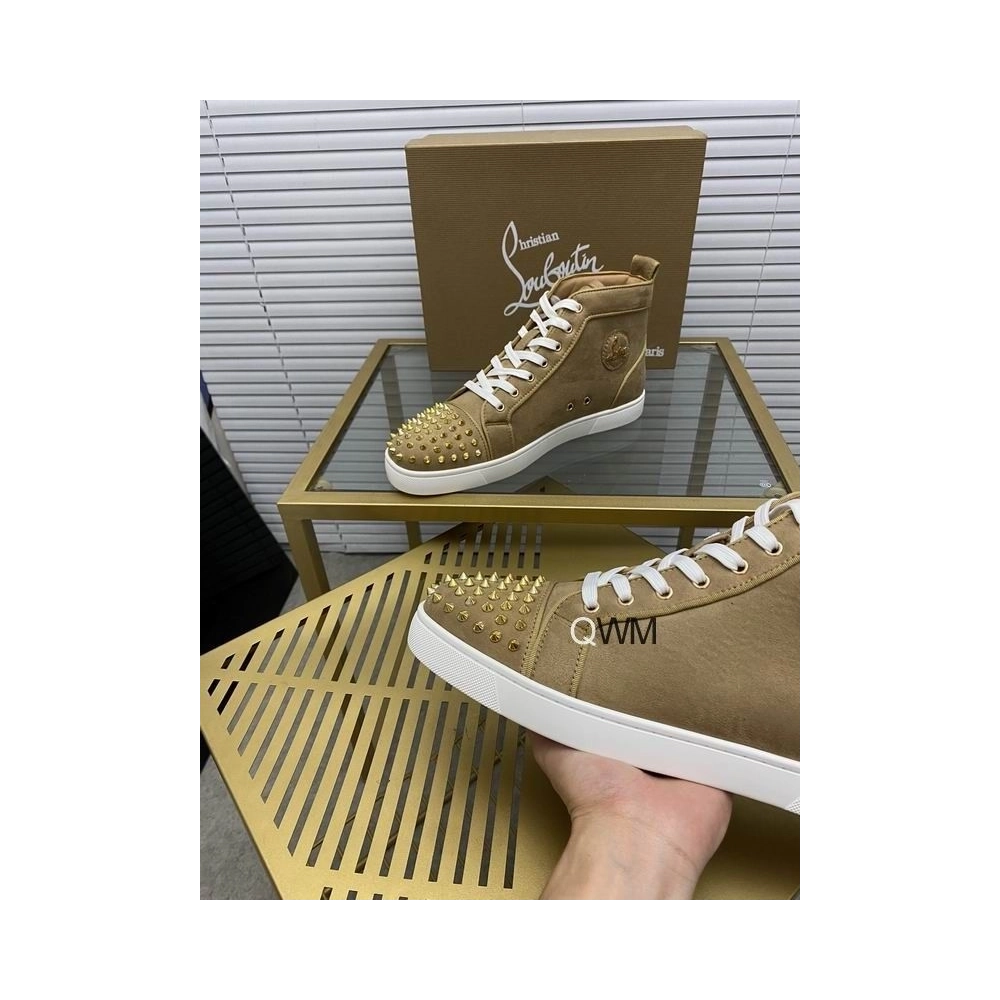 Fake Christian Louboutin Lou Spikes Orlato Flat High Top Sneakers Veau Velours Beige