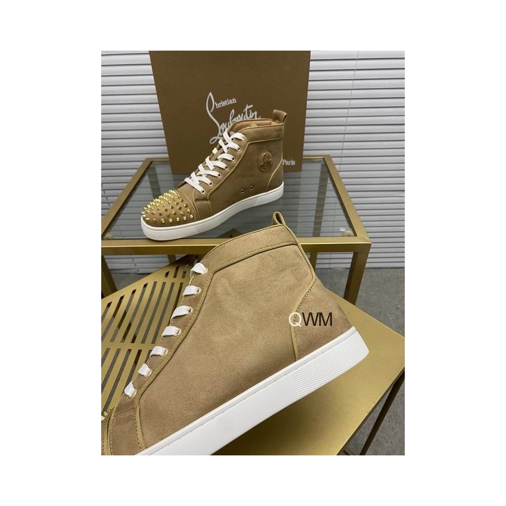 Fake Christian Louboutin Lou Spikes Orlato Flat High Top Sneakers Veau Velours Beige