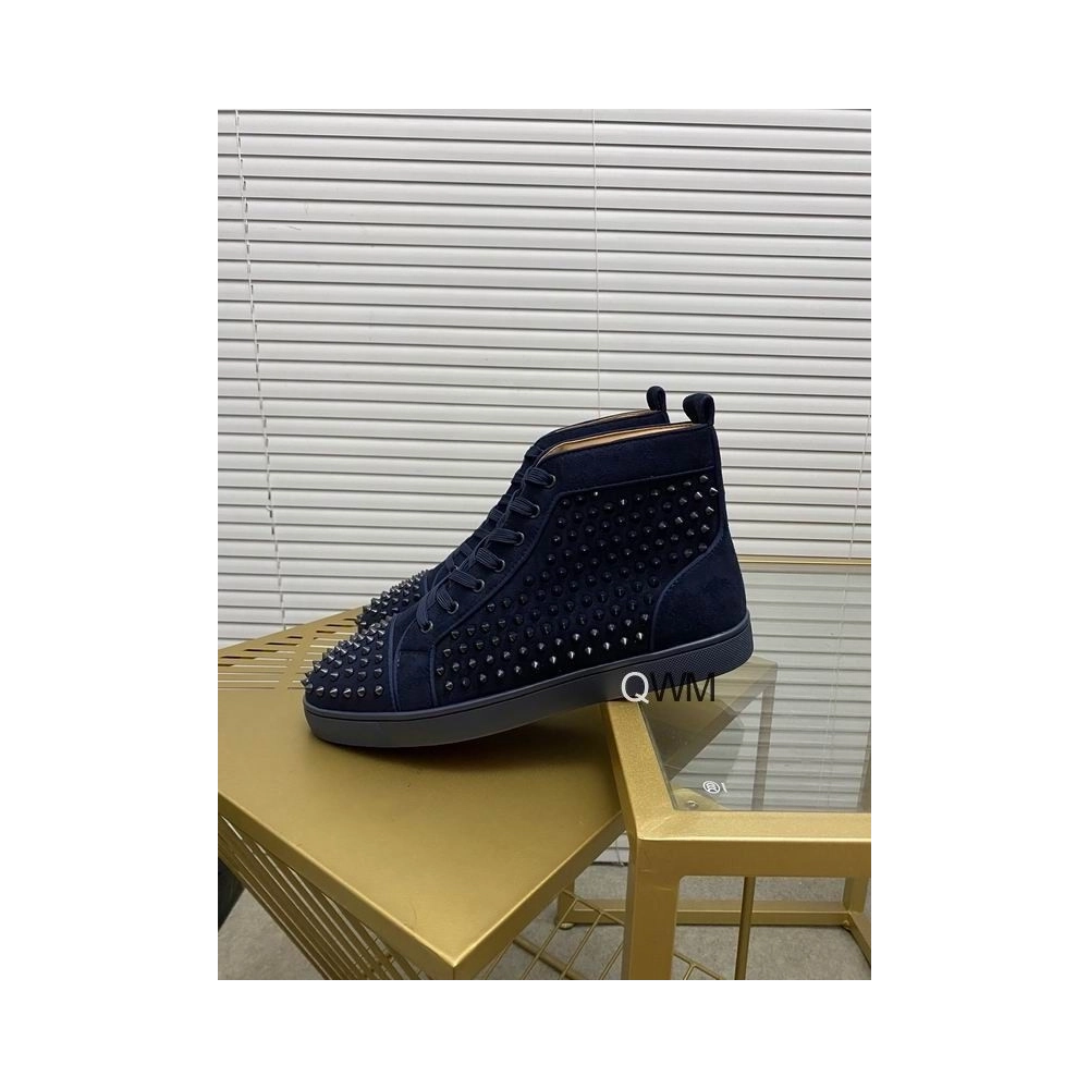 Cheap Christian Louboutin Louis Orlato High Top Sneakers Veau Velours Navy Blue for Sale