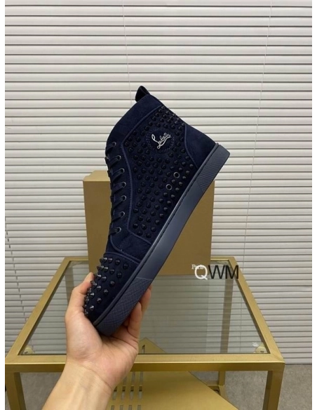 Cheap Christian Louboutin Louis Orlato High Top Sneakers Veau Velours Navy Blue for Sale