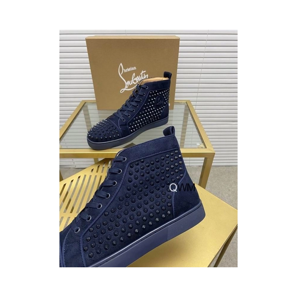 Cheap Christian Louboutin Louis Orlato High Top Sneakers Veau Velours Navy Blue for Sale