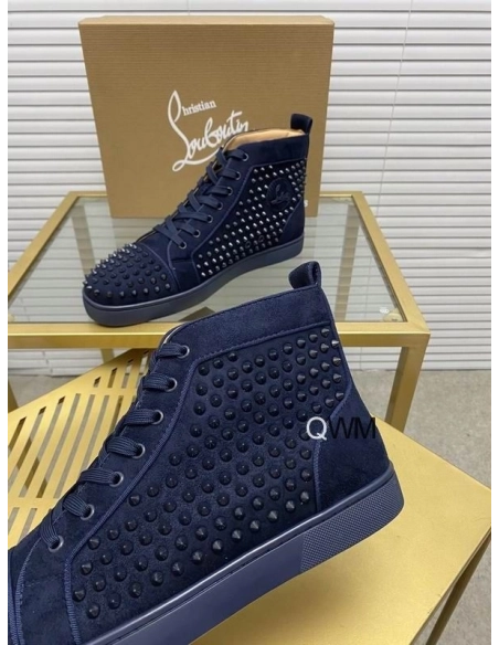 Cheap Christian Louboutin Louis Orlato High Top Sneakers Veau Velours Navy Blue for Sale