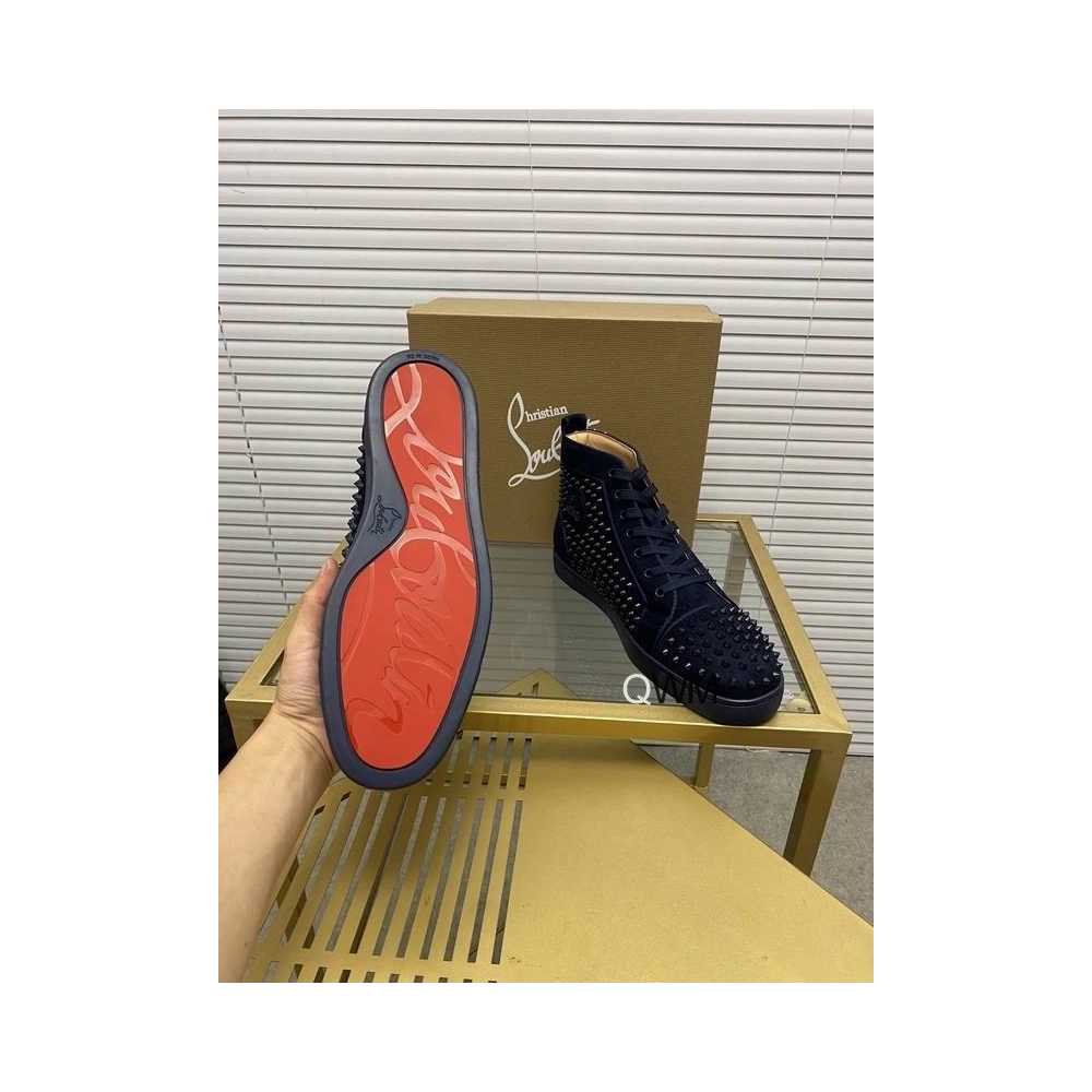 Cheap Christian Louboutin Louis Orlato High Top Sneakers Veau Velours Navy Blue for Sale