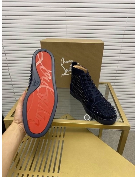 Cheap Christian Louboutin Louis Orlato High Top Sneakers Veau Velours Navy Blue for Sale