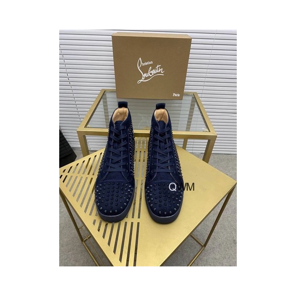 Cheap Christian Louboutin Louis Orlato High Top Sneakers Veau Velours Navy Blue for Sale