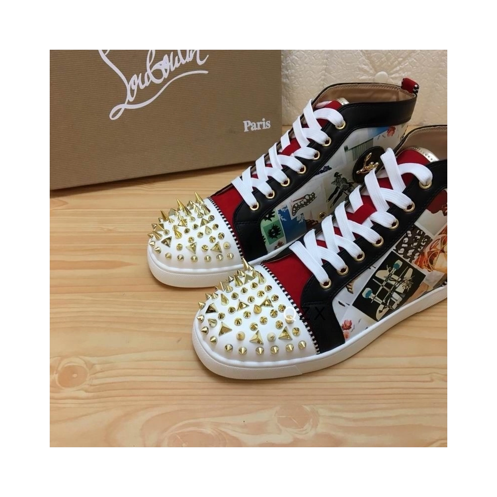 Cheap Christian Louboutin Lou Spikes Orlato High-top Sneakers Velvet and Calf Multicolor for Sale