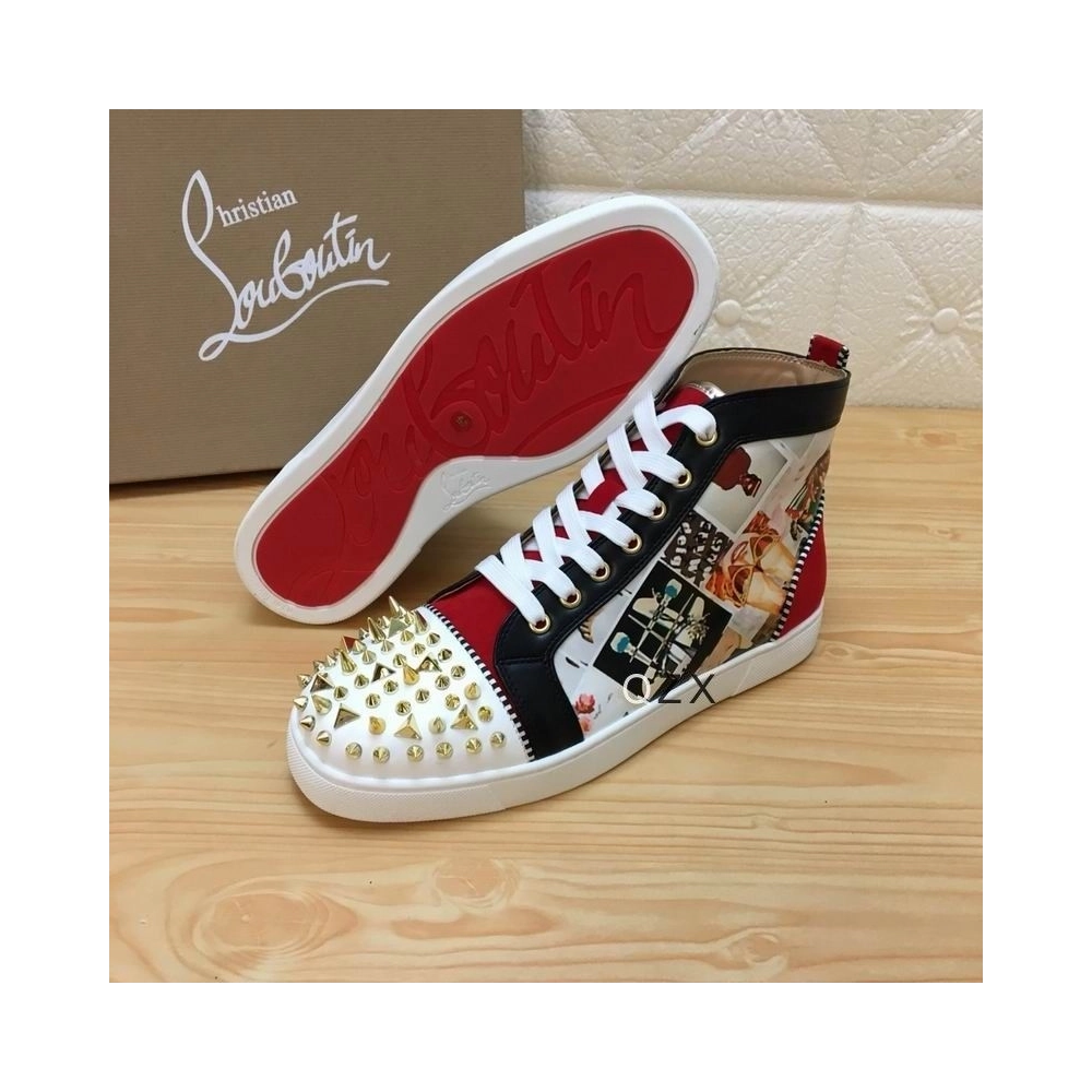 Cheap Christian Louboutin Lou Spikes Orlato High-top Sneakers Velvet and Calf Multicolor for Sale