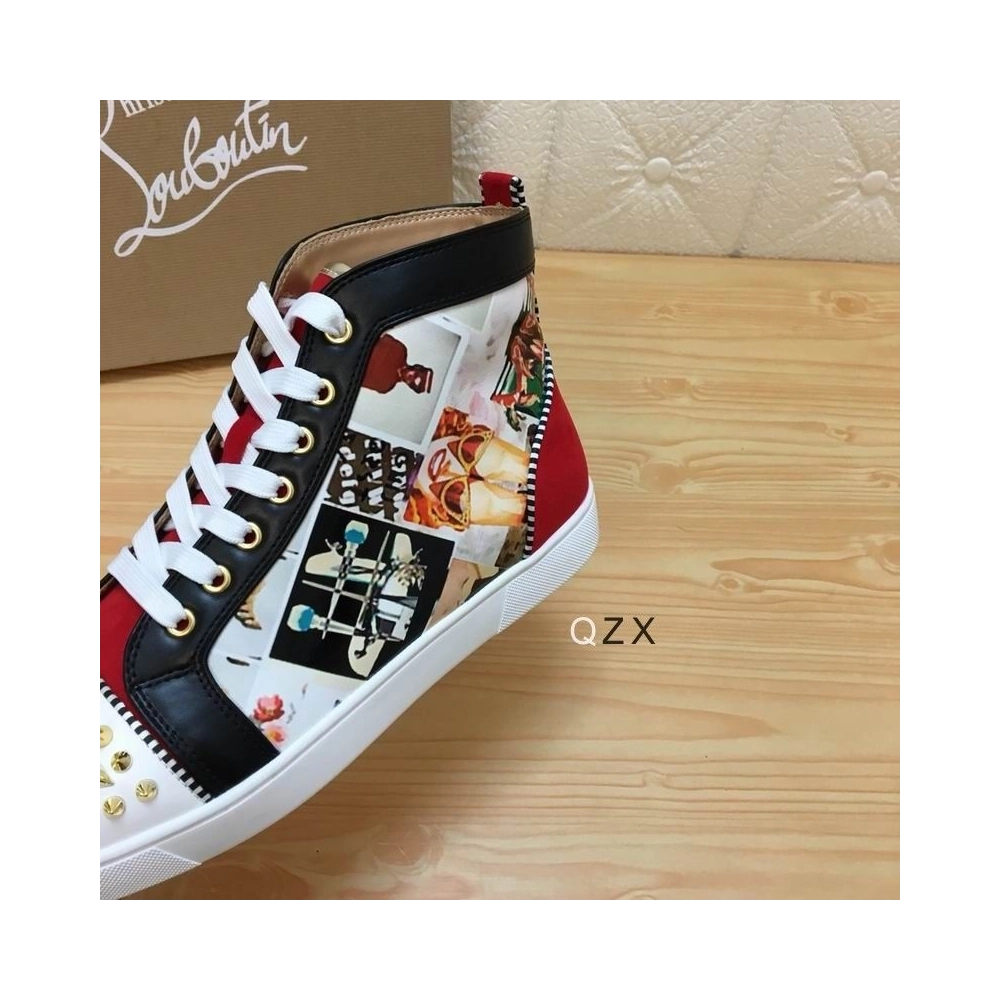 Cheap Christian Louboutin Lou Spikes Orlato High-top Sneakers Velvet and Calf Multicolor for Sale