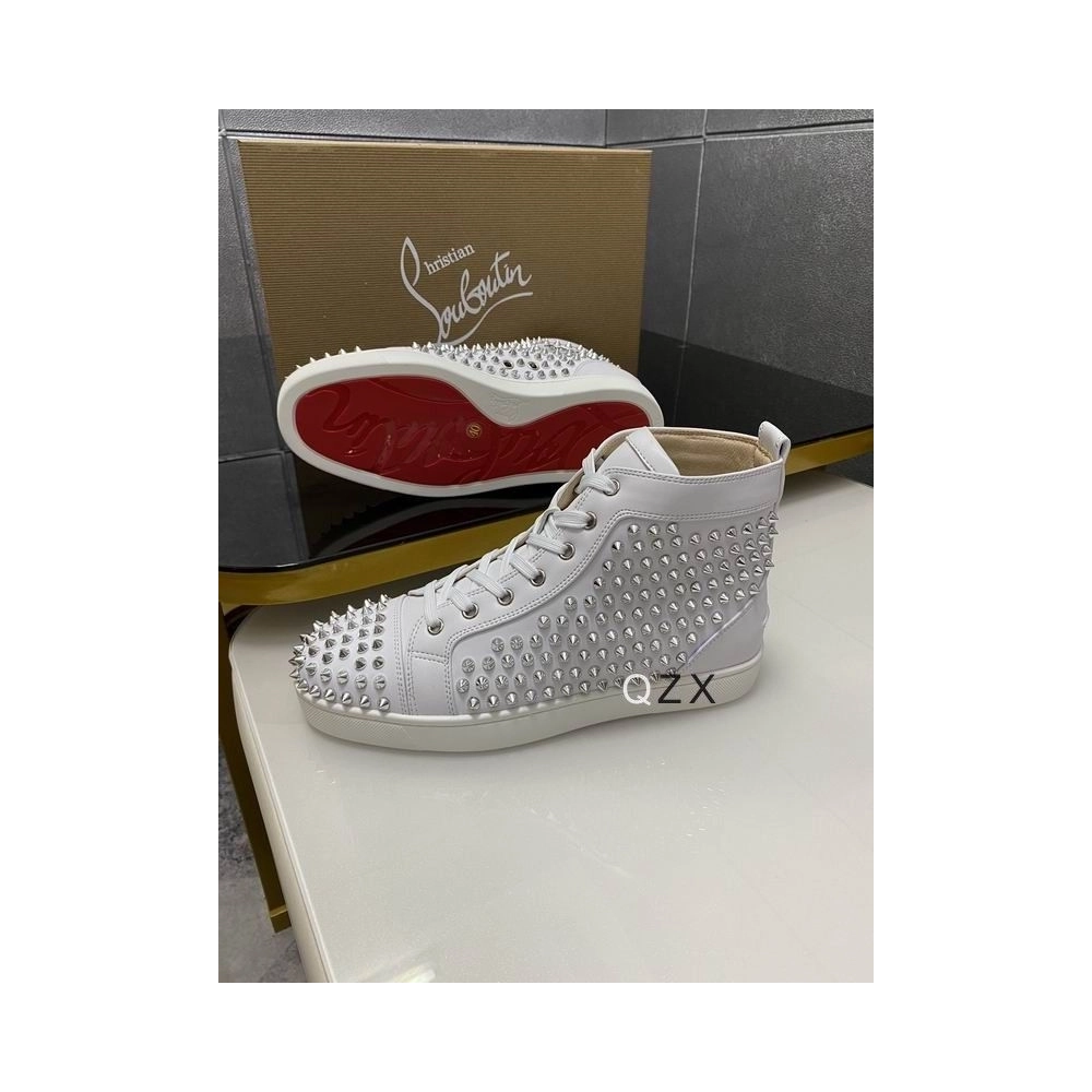Fake Christian Louboutin Louis Spike High-top Sneakers Calfskin White, Knockoff Christian Louboutin Shoes
