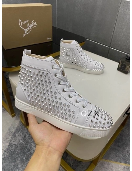 Fake Christian Louboutin Louis Spike High-top Sneakers Calfskin White, Knockoff Christian Louboutin Shoes