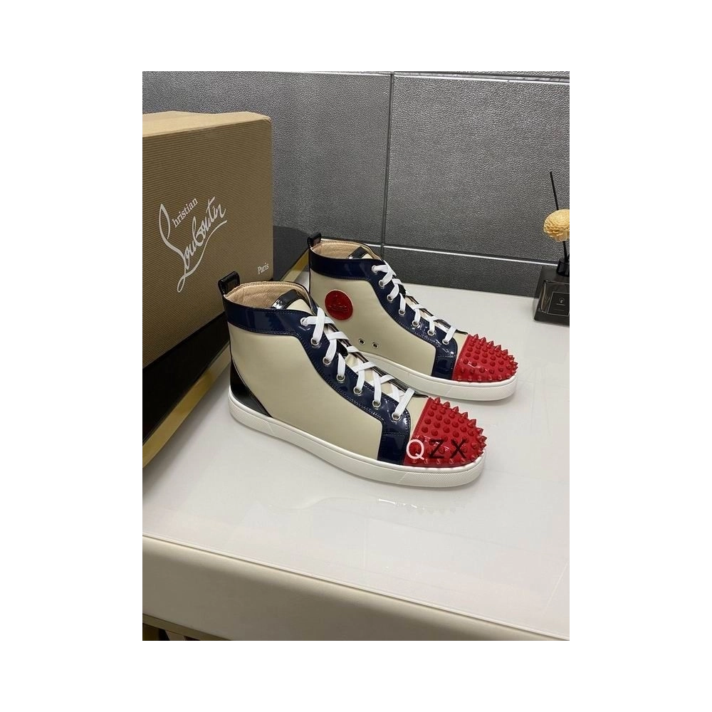 Fake Christian Louboutin Spikes Flat Men Sneakers Patent Leather Multicolor