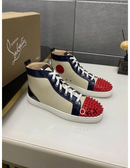 Fake Christian Louboutin Spikes Flat Men Sneakers Patent Leather Multicolor