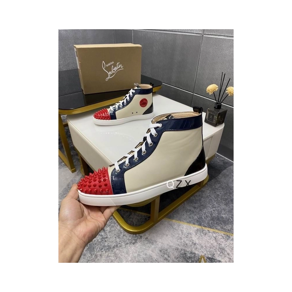 Fake Christian Louboutin Spikes Flat Men Sneakers Patent Leather Multicolor