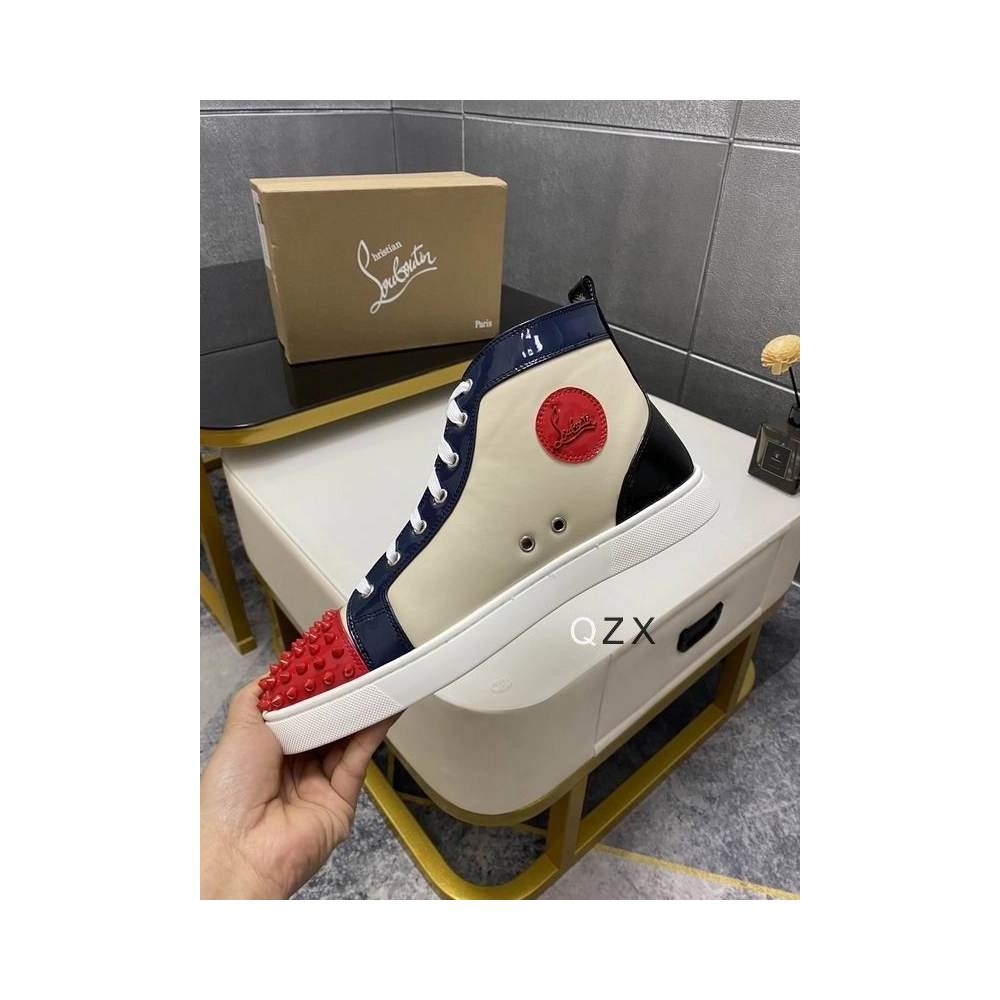 Fake Christian Louboutin Spikes Flat Men Sneakers Patent Leather Multicolor