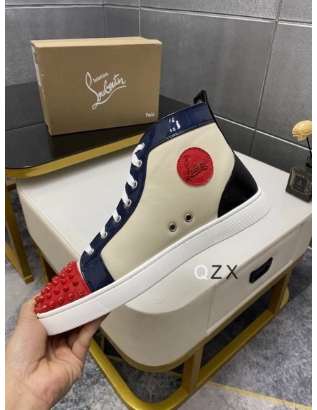 Fake Christian Louboutin Spikes Flat Men Sneakers Patent Leather Multicolor