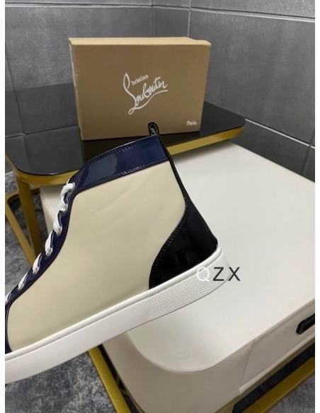 Fake Christian Louboutin Spikes Flat Men Sneakers Patent Leather Multicolor