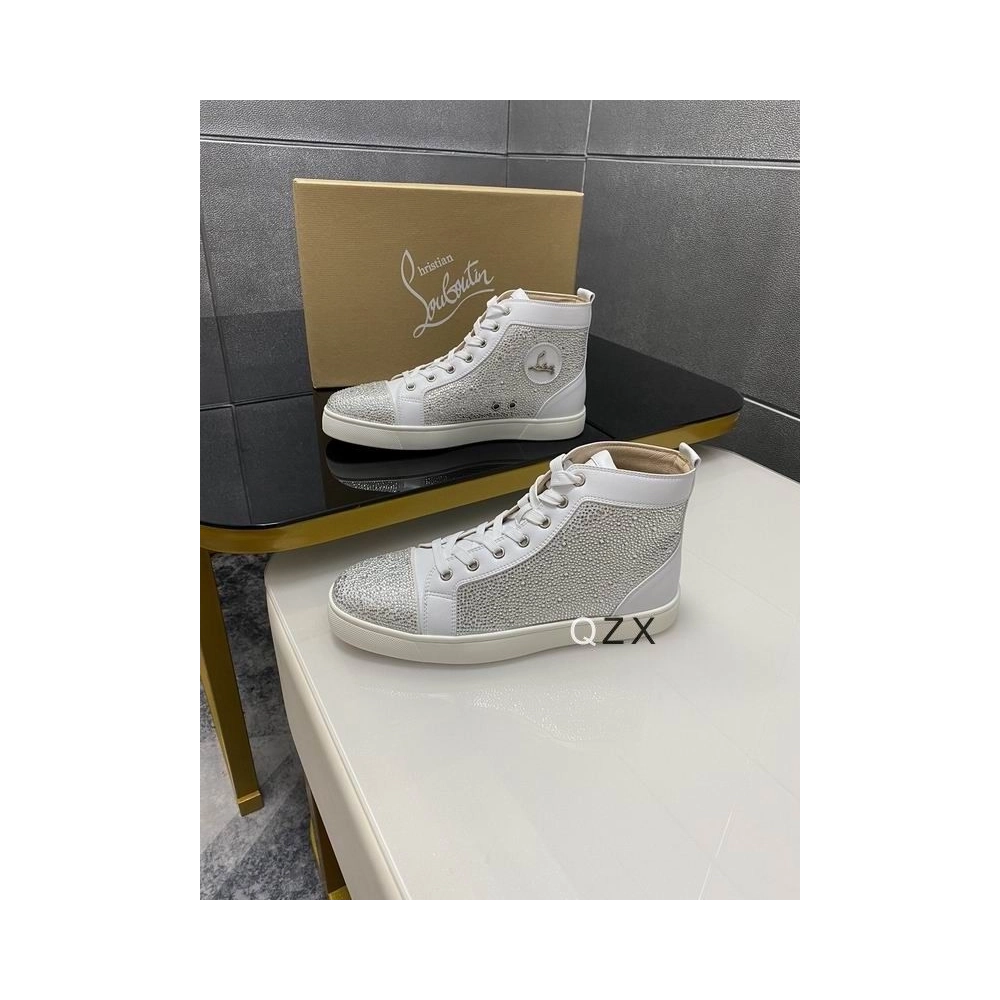Replica Christian Louboutin Louis Strass High-top Sneakers Calfskin White