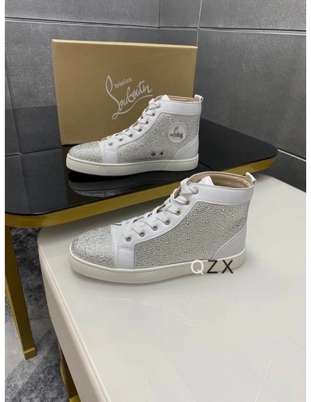 Replica Christian Louboutin Louis Strass High-top Sneakers Calfskin White